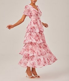 abordables -Robe longue décontractée pour femme, tenue de soirée, col en V, manches courtes, coupe trapèze, imprimé floral, volants superposés, tenue de tous les jours, jupe gâteau, taille ajustée, robe longue