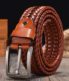 levne -pánský pletený pásek z pravé kůže - vintage pletený design s kovovou přezkou, nastavitelný módní pásek pro běžné, obchodní i formální nošení