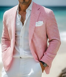 economico -Giacca Blazer di Lino da Uomo Giacca Sportiva Moda Casual Estate Blazer di Lino di Colore Solido Rosa Blu Cielo Salvia Vestibilità Standard Mono-petto Un Bottone