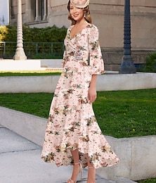economico -Abito della madre della sposa A-Line stampa floreale elegante vintage semplice scollo a V lungo fino al pavimento chiffon maniche a bolle 3/4 con dettagli plissettati e fiori 3D abito da ospite di