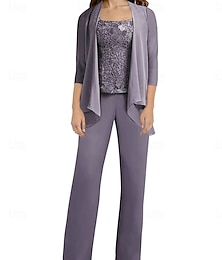 abordables -Costume-pantalon robe de la mère de la mariée invitée de mariage élégante simple col évasé longueur au sol polyester manches longues avec applications couleur unie