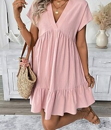 abordables -Robe mini femme Robe en A Robe d'été de couleur unie Décontractée Quotidien Ajustement régulier Graphique Manches courtes Col V Rose Vert Abricot Été