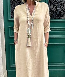 abordables -Femmes Robe Midi Robes inspirées du lin Robe en coton et lin Basique Classique Moderne Quotidien Fête Week-end Coupe régulière Uni manche longue Col en V Rose Claire Vert Abricot Bleu clair Été