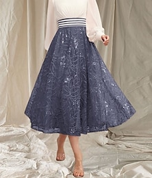 abordables -Robe Mère de la Mariée A-Line Invité de Mariage Élégante Col Ronde Mi-Longue en Chiffon Dentelle À Manches Longues avec Perles Drapées Robe Midi 2025