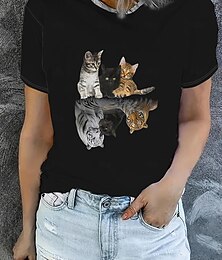 abordables -Mujer Camiseta Tops de verano Graphic Gato Clásico Casual Manga Corta Cuello Barco Tops cortos Diario Fin de semana Estampado Negro Verano Primavera Otoño