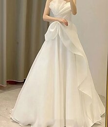 abordables -Vestidos de boda vestido de gala con los hombros al descubierto sin mangas largo hasta el suelo vestidos de novia de tul con pliegues color sólido