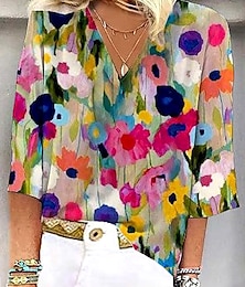 preiswerte -Damen Bluse Blumen Grafik Stilvoll Strand Kurzarm V Ausschnitt Normale Oberteile Täglich Druck Regenbogen Sommer Frühling