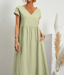 abordables -Femmes Robe Midi Robes inspirées du lin Robe en coton et lin Basique Classique Moderne Vacances Quotidien Fête Coupe régulière Uni Manche Courte Col en V Noir Vert Claire Rose Claire Vert Véronèse Été