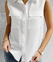 economico -Per donna Camicia Abbottonare Blusa Semplice Essenziale Moderno Casual Senza Maniche Colletto a Camicia Top Regolari Quotidiano Uscire Bottoni Tasca Nero Bianco Azzurro Estate