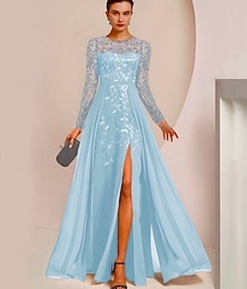 levne -A-Line Šaty pro Matku Nevěsty Svatební Host Elegantní Klenotový Výstřih Dlouhá Délka Chiffon Krajka S Flitry Dlouhý Rukáv s Rozparek Řasením Jednoduchá Barva volná velikost na míru