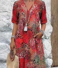 abordables -Femme Robe mi-longue Robe imprimée Moderne Extérieur Vacances Fin de semaine Standard Fleur Manche Courte Col V Rouge Bleu Kaki Rose Eté