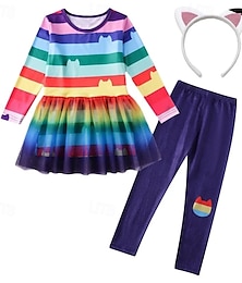 billiga -3 delar Barn Flickor Rand Byxor kostym Uppsättning Långärmad Mode Utomhus 4 år + Sommar Regnbågsuppsättning Regnbågsset+hårband Svart Vit Set+Hårband
