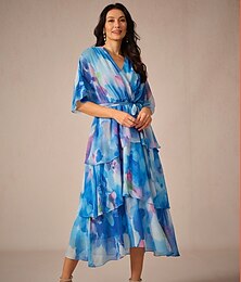 economico -Per donna Abito lungo Abito lungo Abito linea A Elegante Da cerimonia Appuntamento Standard Floreale Mezza manica A V Blu Estate