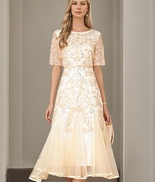 preiswerte -A-Linie Beaded Kleid Mutter der Braut Elegantes Vintage Party V-Ausschnitt Bodenlänge Spitze Beaded Pailletten Spitze Kurzarm mit Auslauf