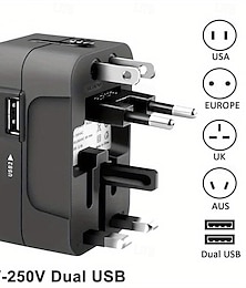 رخيصةأون -محول سفر عالمي بمقبس متعدد الدبابيس ومنفذ USB مزدوج ومحول شاحن ومقبس الاتحاد الأوروبي والولايات المتحدة والمملكة المتحدة وأستراليا متوفر
