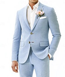 abordables -Suits en lin de plage décontractés pour hommes bleu ciel mode fête d'été couleur unie coupe standard 2 pièces à deux boutons