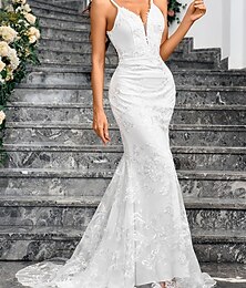 economico -Abiti da Sposa Sirena  Tromba Collo a V Senza Maniche Strascico  Spazzola Tulle Abiti da Sposa Con Colore Solido
