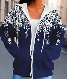 abordables -Mujer Talla grande Sudaderas con cremallera Floral Vintage Deportes Ropa de calle Manga Larga Con Capucha Tops regulares Casual Festivos Cerrar Correa Bolsillo delantero Azul Piscina Verde Trébol