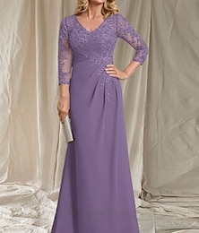 abordables -Robe de Mère de la Mariée A-Ligne Robe Invité Mariage Élégante Décolleté en V Longueur au Sol Chiffon Manches 3/4 avec Perles Appliques