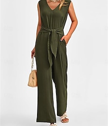 abordables -Jumpsuit para Mujer Color Sólido Sin Mangas Cuello en V Cintura Alta Vacaciones Diarias Lino Como Ajuste Regular Negro Vino Verde Ejército Verano