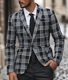 billiga -Herr Studenten Kavaj Företag Cocktailfest Bröllopsfest Mode Ledigt Vår Höst Polyester Rutig Knappar Ficka Bekväm Enkelknäppt Blazer Grå