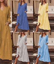 abordables -Mujer Vestido Midi Vestidos inspirados en el lino Vestido de lino de algodón Moda Básico Moderno Exterior Diario Festivos Ajuste regular Plano Manga Larga Escote en Pico Amarillo Claro Negro Vino