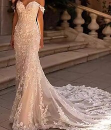 preiswerte -Hochzeitskleider Meerjungfrau  Trompeten Off-Shoulder Ärmellos Gerichtszug Tüll Brautkleider mit einfarbigen Stoff