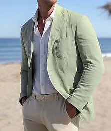 economico -Blazer in Lino da Uomo Giacca Sportiva Leggera Casual Estate Colorata in Lino Salvia Grigio Chiaro Beige Su Misura A Un Bottone