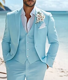 economico -Completi da Uomo per Matrimonio in Spiaggia Blu Cielo Moda Casual Estate Colorati Fit Standard 3 Pezzi A Un Pannello Un Bottone