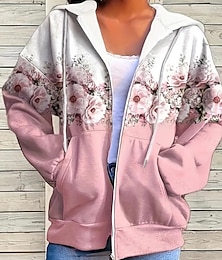 abordables -Mujer Talla grande Sudaderas con cremallera Floral Activo Vintage Deportes Manga Larga Con Capucha Tops regulares Casual Festivos Cerrar Correa Bolsillo delantero Rosa Azul Piscina Fucsia Verde Trébol
