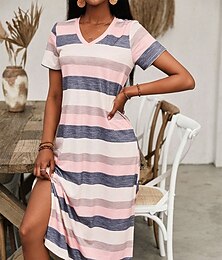 abordables -Robe maxi pour femme Robe T-shirt Robe Tee Robe A Line Robe de vacances Casual Quotidien Ajustement régulier Imprimé graphique Géométrique Manches courtes Décolleté en V Rose Été Printemps Automne