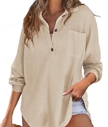 economico -Per donna Camicia Blusa Liscio Essenziale Moderno Manica lunga Colletto Top regolari Giornaliero Per eventi Bottoni Tasche Nero Bianco Giallo Rosa Verde militare Estate