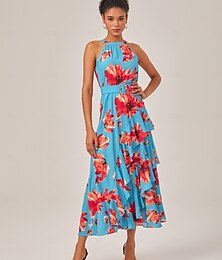 abordables -Femmes Robe Maxi Bleu Été Printemps Col ras du cou Élégant Vacances Mode S M L