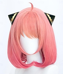 economico -anya forger cosplay parrucche donna bob con frangia / fibra resistente al calore parrucca anime rosa liscia e crespa per adolescenti adulti / capelli sintetici