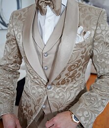 abordables -Tuxedos para fiestas de bodas para hombres Trajes de regreso a casa Negro Champán Floral Verano Ajuste a medida de 3 piezas de un solo botón