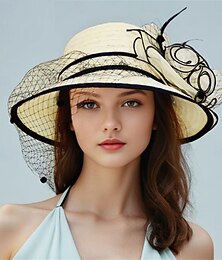 billige -Hatter Polyester Solhatt Ferie Te-party Hesteveddeløp Cocktail Elegant Vintage Solbeskyttelse med Fjær Blomster Hodepryd Hodeplagg
