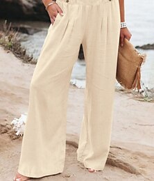 abordables -Pantalones de Pierna Ancha de Algodón y Lino para Mujer Chinos de Color Sólido Pantalones Holgados Básicos Casuales de Largo Completo Cintura Alta Sencillos con Cinturilla Elástica Cómodos Suaves