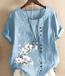 economico -Camicia Donna Camicia di Lino Blusa Floreale Lino Vintage Casual Manica Corta Collo Giro Top Regolari Giornaliero Uscita Bottoni Blu Chiaro Estate Primavera