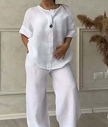 economico -Set donna in cotone e lino 2 pezzi camicia blusa elegante moda streetwear maniche corte colletto colore solido lavoro all'aperto casual bianco rosa verde militare estate vestibilità regolare