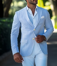 economico -Giacca blazer da uomo in seersucker, cappotto, moda estiva, blazer a righe, blu cielo, vestibilità standard, monopetto, due bottoni