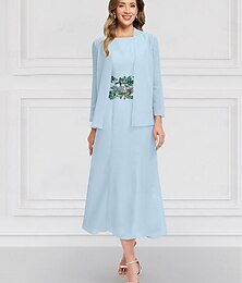 abordables -Ensembles de Robes Florales en Deux Pièces Bleus Verts Robe de Mère de la Mariée Élégante Vintage Col Rond Longueur Cheville Chiffon Manches Longues avec Broderie en Dentelle Fleur 2025