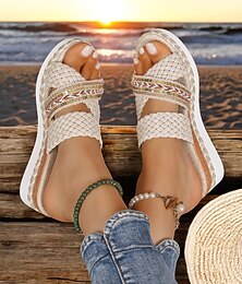 economico -sandali con zeppa intrecciati da donna – sandali con plateau slip-on in stile boho con dettagli di perline per l'estate, la spiaggia e gli outfit casual
