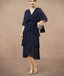 abordables -Ligne A Robe de Mère de Mariée  robe demoiselle d honneur Élégant Col en V Longueur au sol Chiffon Demi Manches avec Noeud(s) Volants en Cascade Couleur Unie 2025