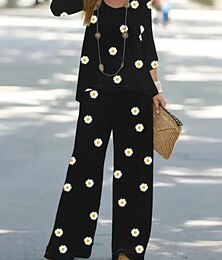 economico -2 Pezzi Donna Basic Neon  Stelle Camicia Blusa Manica 3/4 V Collo Stampo Floreale Casual Simil Lino Nero Estate Fit Regolare