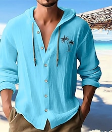 billiga -Herr Vit bomullsskjorta Minimalistisk Aloha skjorta Casual skjorta Knapp upp skjorta Bomullskjorta Kokosnötsträd Semester Gata Svart Vit Blå Kaki Långärmad Huva Vår & sommar Kläder Button-Down