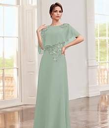 abordables -Robe trapèze pour mère de la mariée, élégante, col bijou, longueur au sol, mousseline de soie, dentelle, demi-manches, avec appliques, couleur unie, 2025