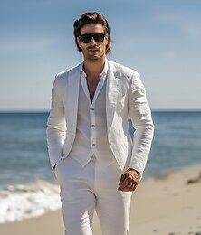abordables -De los hombres boda en la playa Trajes de Lino Blanco Beige Ligeras Casual Color sólido Estándar Juego de 2 piezas Recto 1 botón