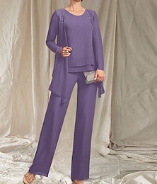levne -Overal  kalhotový kostým 3 kusy šaty matky nevěsty svatební host Elegantní kulatý výstřih podlahové délky chiffon dlouhý rukáv s korálkováním