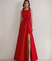 levne -A-Linie večerní šaty elegantní šaty formální svatební podlahové délky bez rukávů kulatý výstřih satén s rozparkem 3D květina