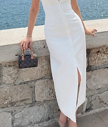 economico -Per donna Abito Midi Abito Bianco Abito da laurea Moda Compleanno Ferie Laurea Vestibilità regolare Semplice Senza Maniche Colletto a Camicia Nero Bianco Estate
